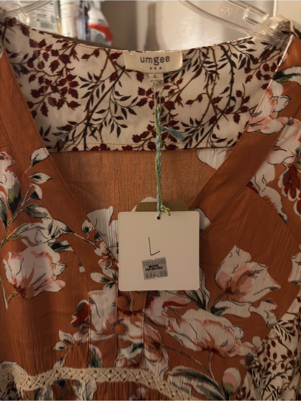 Umgee Rust Floral Lace-Trim V-Neck Dress